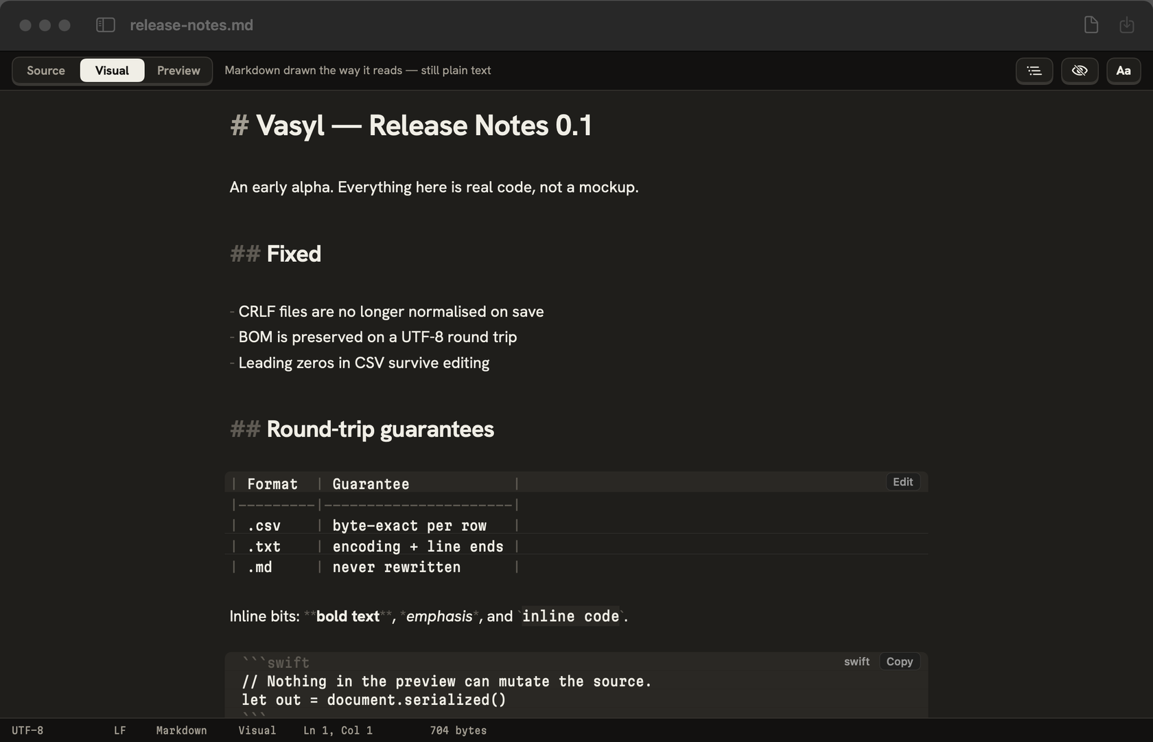 Vasyl showing a Markdown file in Visual mode: headings at size, a bulleted list, a table and a code block