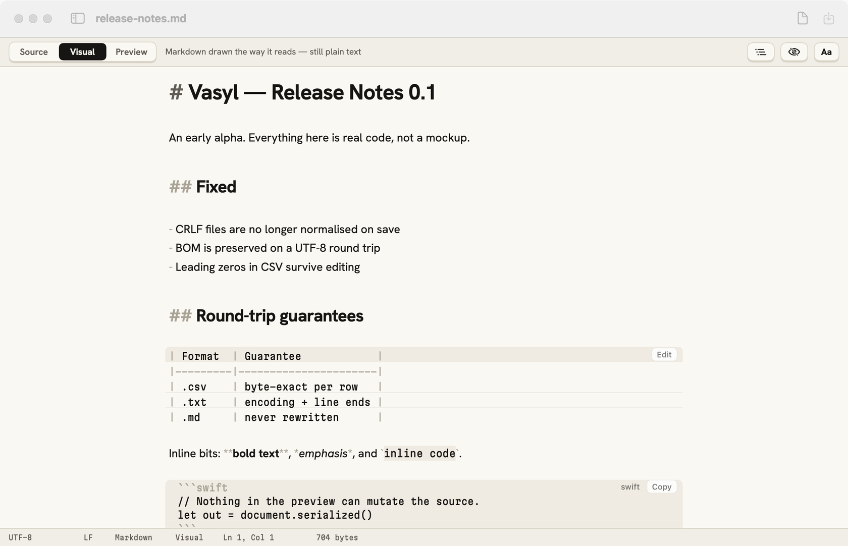 Vasyl showing a Markdown file in Visual mode: headings at size, a bulleted list, a table and a code block