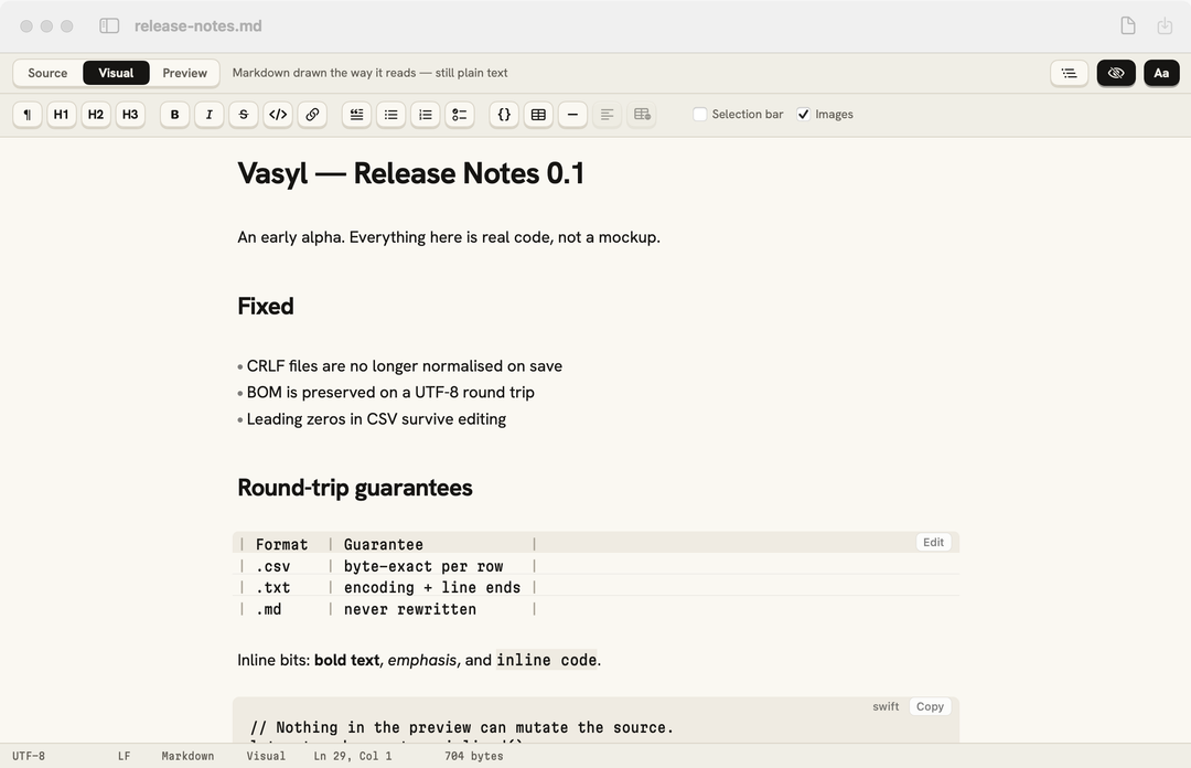 A Markdown file with the symbols hidden: headings, bullets and a table, no # or ** visible